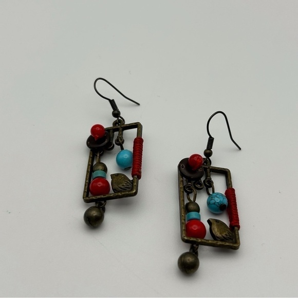 Brown Brass Colored Red & Blue Beaded Abstract Bird Box Drop Dangle Earrings - Picture 3 of 6